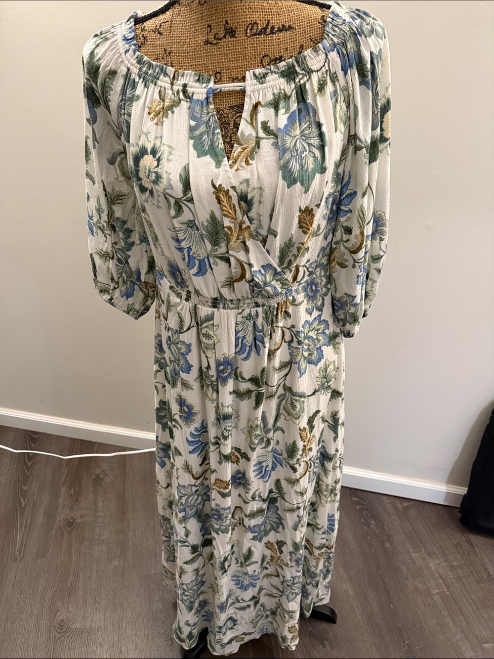 LOFT White Maxi Dress with Blue & Green Floral Print